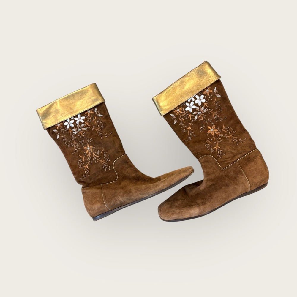 Miu Miu Suede Embroidered Gold Top Boots 8.5/9